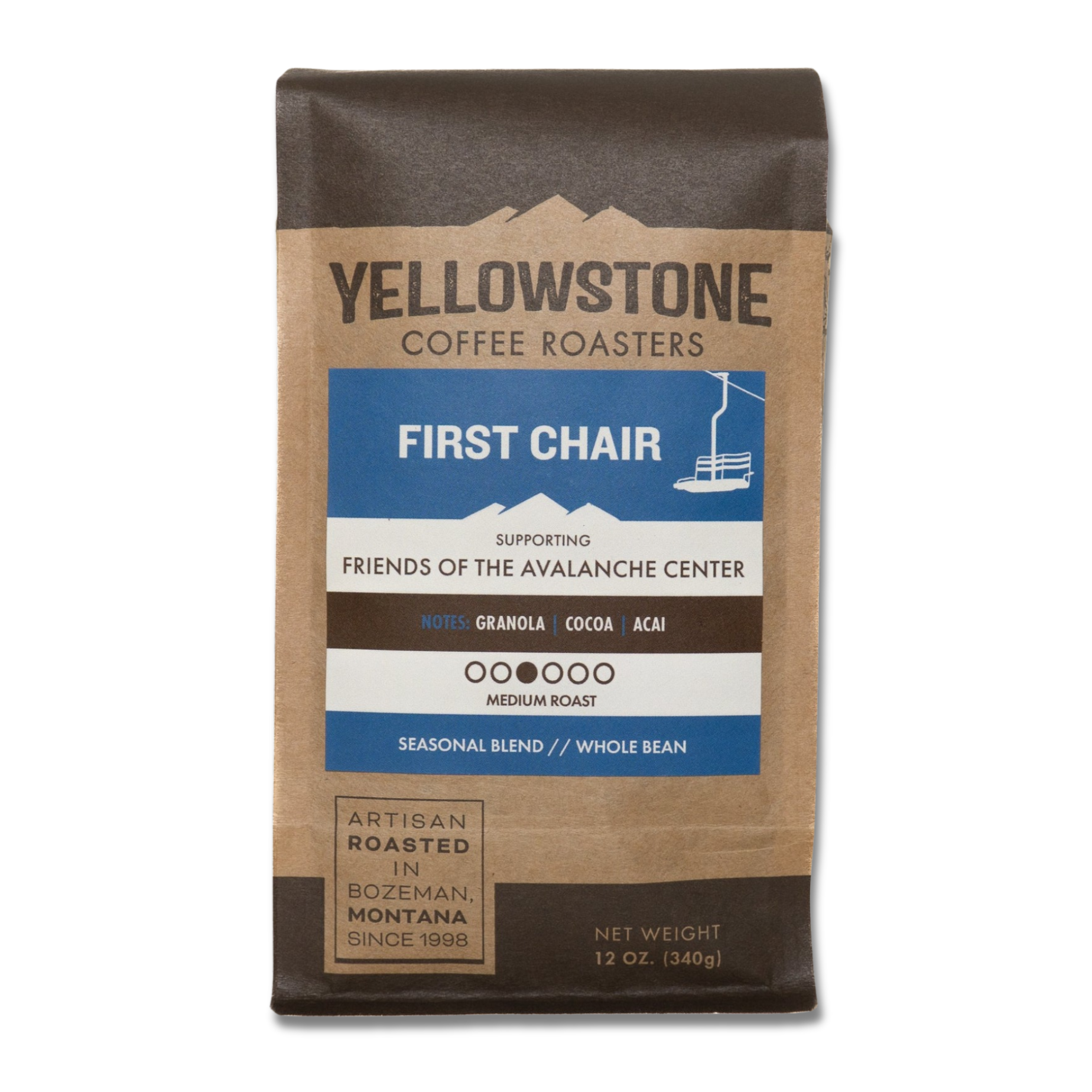 A packaged coffee product labeled 'First Chair' by Yellowstone Coffee Roasters, with a graphic of a snow-covered mountain peak and text including the supporting organization 'Friends of the Avalanche Center'.