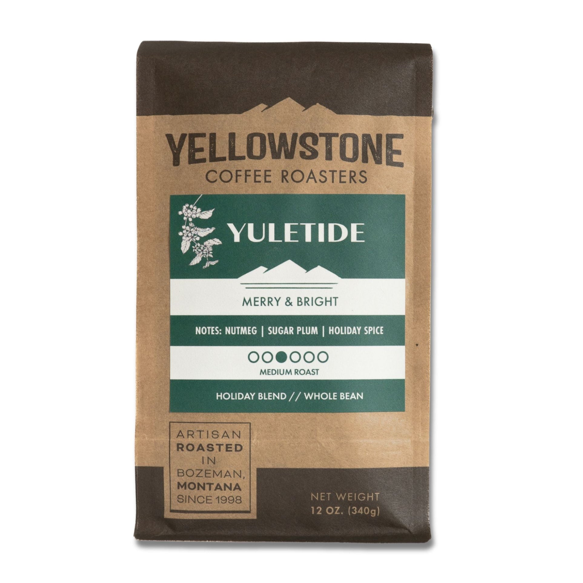 A package of Yellowstone Coffee Roasters Yuletide coffee, with holiday-themed flavors noted on the packaging.